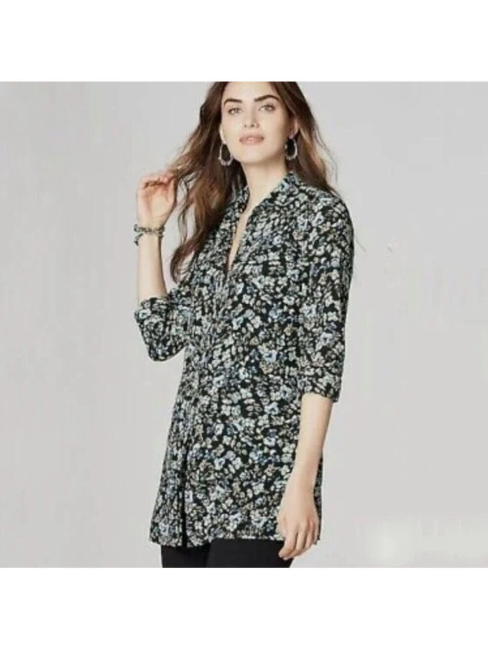 J Jill Ditsy Floral Button-Down Long-Sleeve Feminine Blouse Top Tunic S